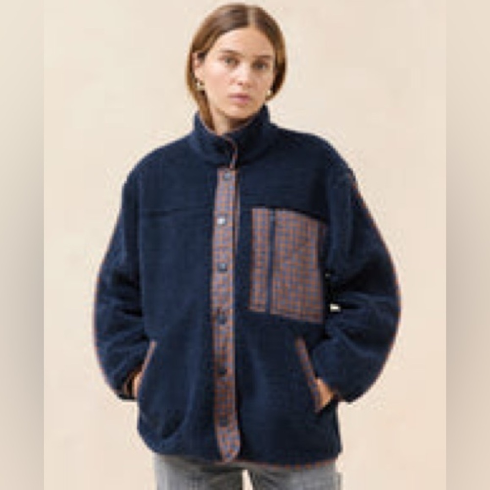 Loeffler Randall. Rocky Fleece Jacket. Navy/Plaid. Small.